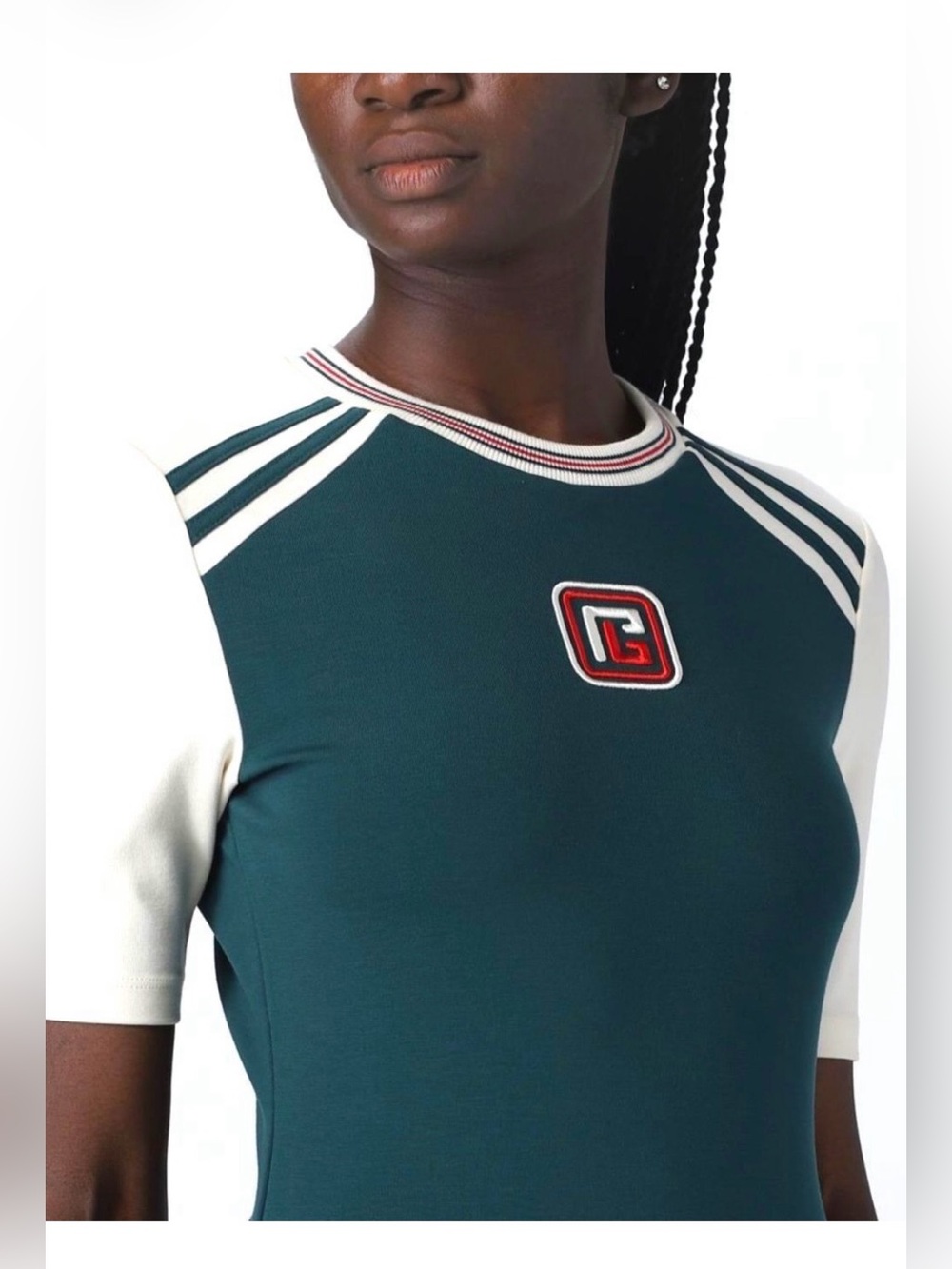 Balmain Teal Short Sleeve Sport Knit Top with White Sleeves